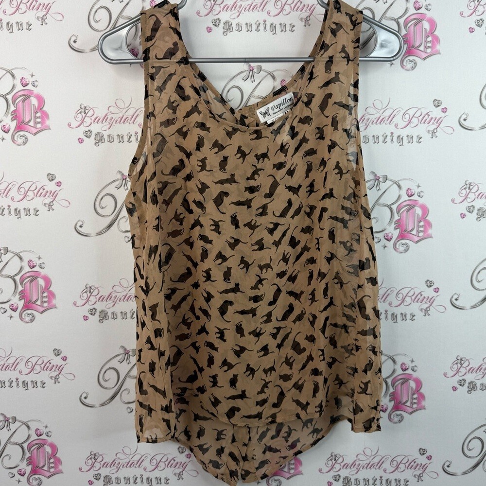 Papillion tank top cats lover cat Elegant Tan and Black Sleeveless Blouse